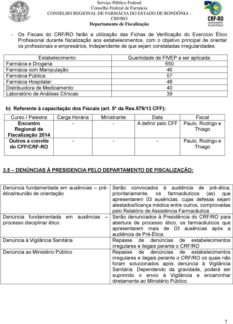 Estabelecimento: Quantidade de FIVEP a ser aplicada: Farmácia e Drogaria: 650 Farmácia com Manipulação: 46 Farmácia Pública: 57 Farmácia Hospitalar: 48 Distribuidora de Medicamento: 40 Laboratório de