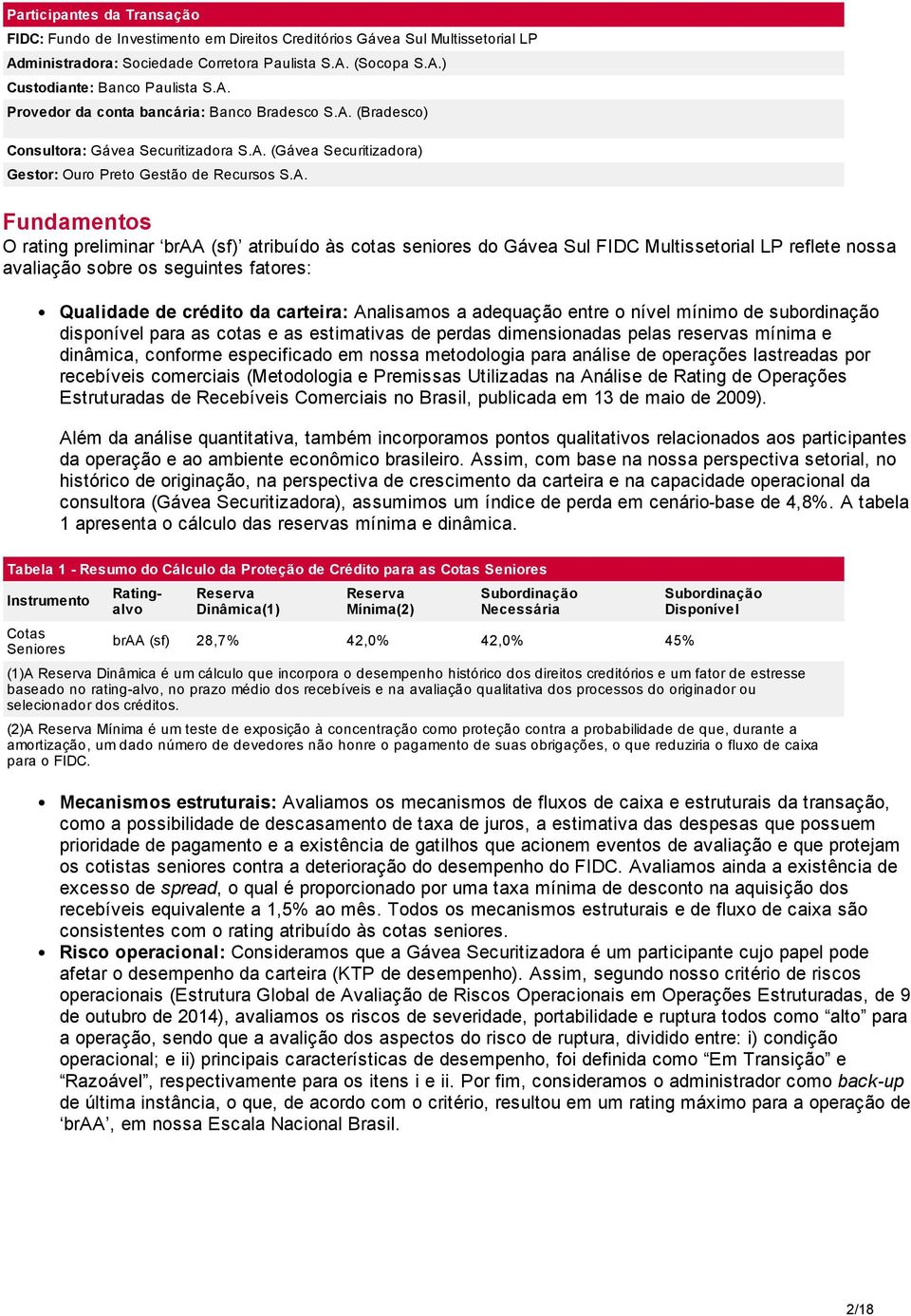 braa (sf) atribuído às cotas seniores do Gávea Sul FIDC Multissetorial LP reflete nossa avaliação sobre os seguintes fatores: Qualidade de crédito da carteira: Analisamos a adequação entre o nível