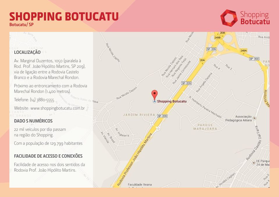 Próximo ao entroncamento com a Rodovia Marechal Rondon (1.400 metros). Telefone: (14) 3880-5555 Website: www.shoppingbotucatu.com.br DADO S NUMÉRICOS 22 mil veículos por dia passam na região do Shopping.