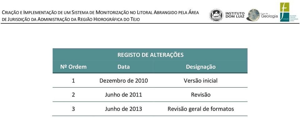 DO TEJO REGISTO DE ALTERAÇÕES Nº Ordem Data Designação 1 Dezembro de 2010