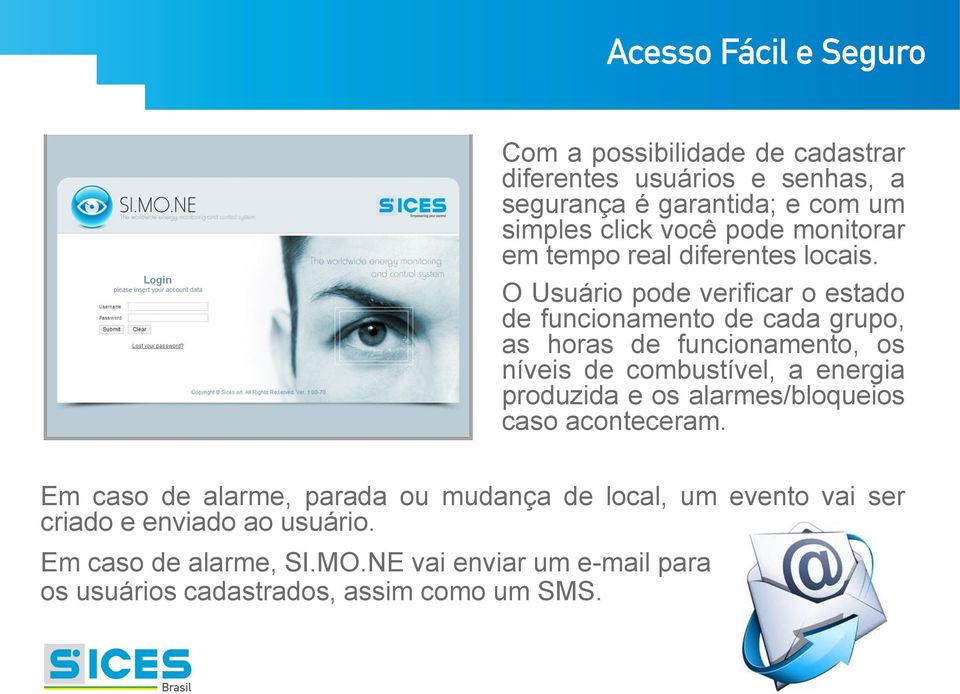 O Usuário pode verificar o estado de funcionamento de cada grupo, as horas de funcionamento, os níveis de combustível, a energia