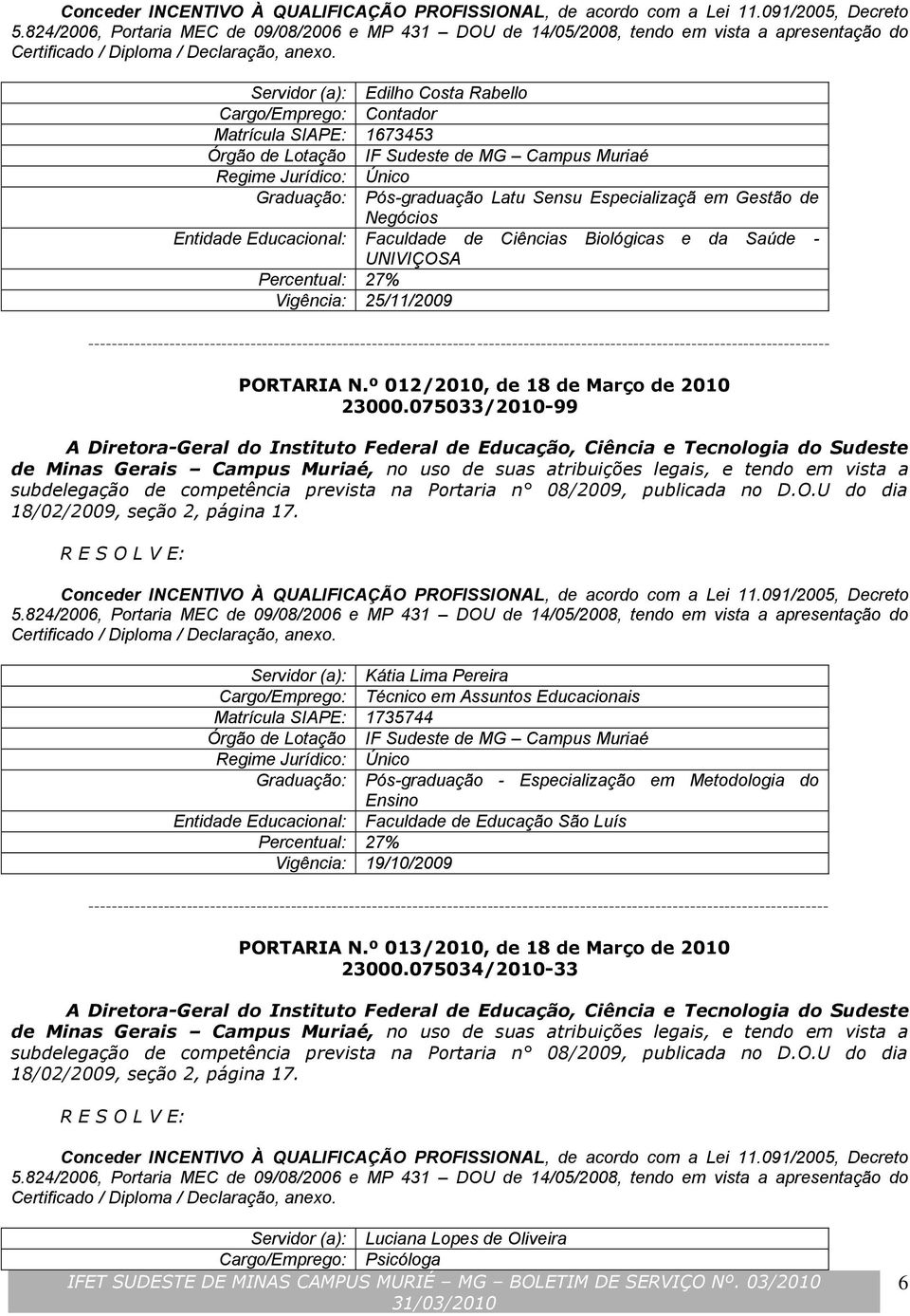 Servidor (a): Edilho Costa Rabello Cargo/Emprego: Contador Matrícula SIAPE: 1673453 Órgão de Lotação IF Sudeste de MG Campus Muriaé Regime Jurídico: Único Graduação: Pós-graduação Latu Sensu