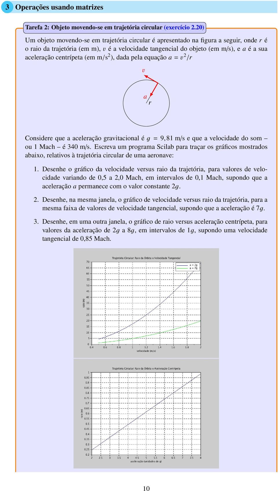 centrípeta (em m/s 2 ), dada pela equação a = v 2 /r v a r Considere que a aceleração gravitacional é g = 9,81 m/s e que a velocidade do som ou 1 Mach é 340 m/s.