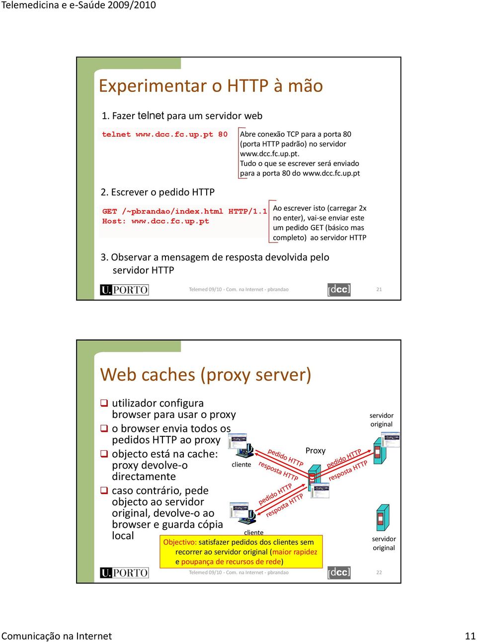 Observar a mensagem de resposta devolvida pelo servidor HTTP 21 Web caches (proxy server) utilizador configura browser para usar o proxy o browser envia todos os pedidos HTTP ao proxy objecto está na