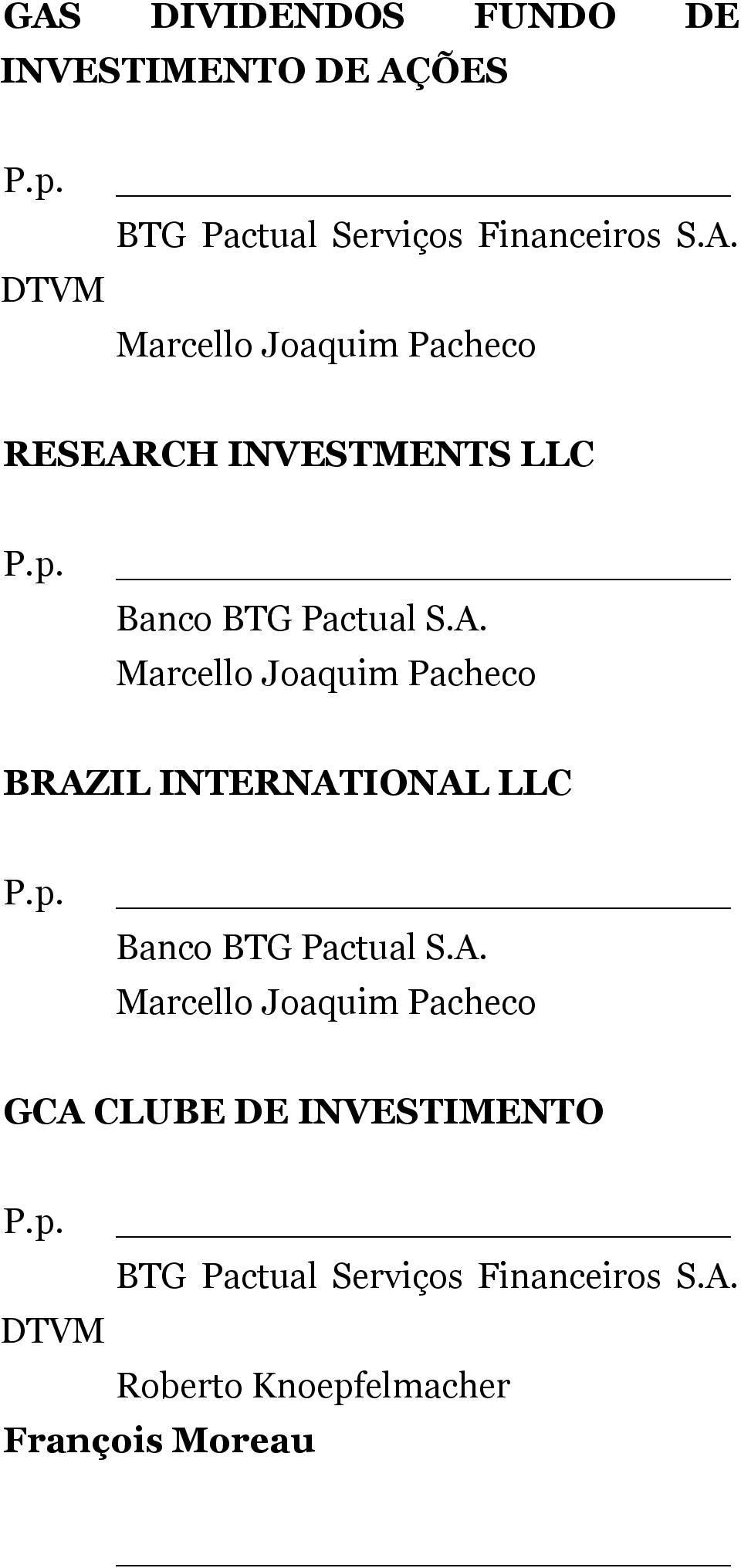 Banco BTG Pactual S.A. BRAZIL INTERNATIONAL LLC P.p. Banco BTG Pactual S.A. GCA CLUBE DE INVESTIMENTO P.