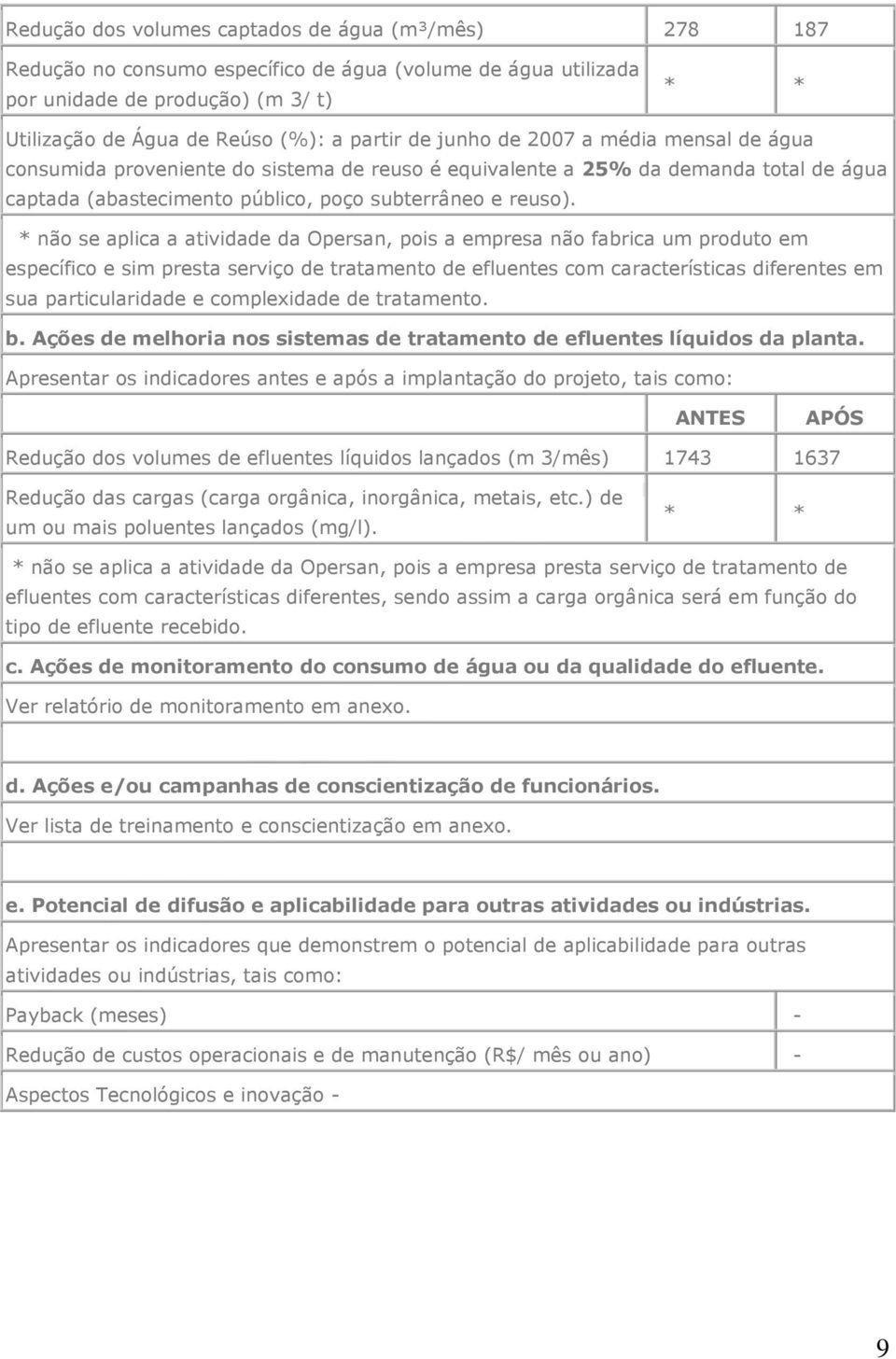 * não se aplica a atividade da Opersan, pois a empresa não fabrica um produto em específico e sim presta serviço de tratamento de efluentes com características diferentes em sua particularidade e