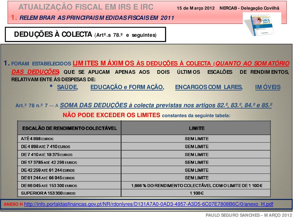 ESCALÕES DE RENDIMENTOS, RELATIVAMENTE ÀS DESPESAS DE: SAÚDE, EDUCAÇÃO e FORMAÇÃO, ENCARGOS COM LARES, IMÓVEIS Art.º 78 n.