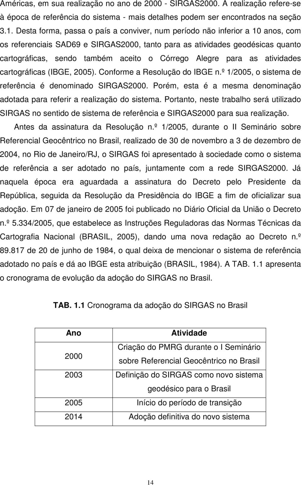 Córrego Alegre para as atividades cartográficas (IBGE, 2005). Conforme a Resolução do IBGE n.º 1/2005, o sistema de referência é denominado SIRGAS2000.