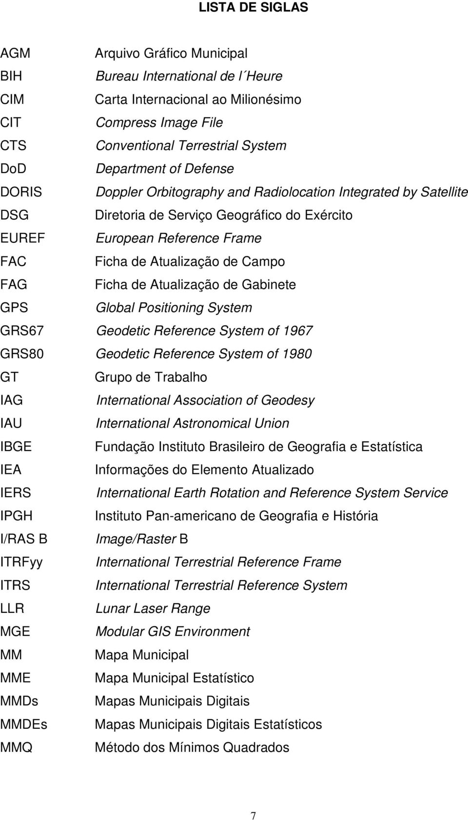 de Atualização de Gabinete GPS Global Positioning System GRS67 Geodetic Reference System of 1967 GRS80 Geodetic Reference System of 1980 GT Grupo de Trabalho IAG International Association of Geodesy