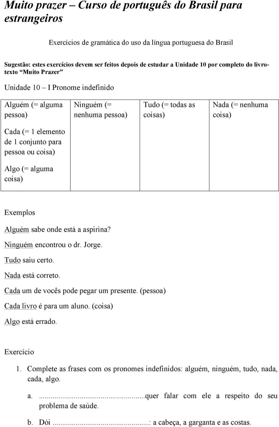 conjunto para pessoa ou coisa) Algo (= alguma coisa) Exemplos Alguém sabe onde está a aspirina? Ninguém encontrou o dr. Jorge. Tudo saiu certo. Nada está correto.