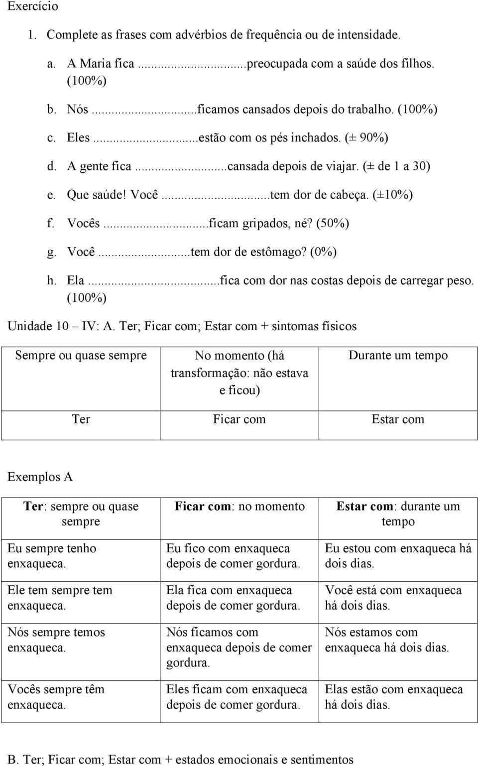 (0%) h. Ela...fica com dor nas costas depois de carregar peso. (100%) Unidade 10 IV: A.