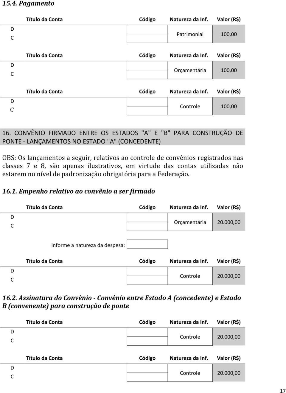 registrados nas classes 7 e 8, são apenas ilustrativos, em virtude das contas utilizadas não estarem no nível de padronização obrigatória para a Federação. 16