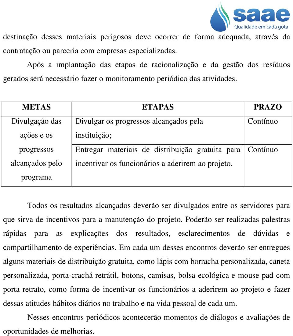 Divulgação das ações e os progressos alcançados pelo programa Divulgar os progressos alcançados pela instituição; Entregar materiais de distribuição gratuita para incentivar os funcionários a