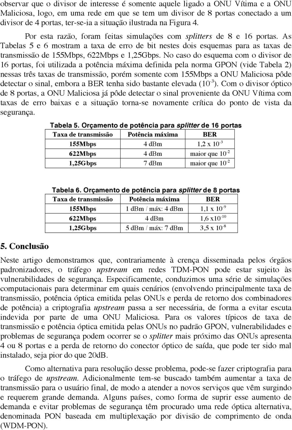 As Tabelas 5 e 6 mostram a taxa de erro de bit nestes dois esquemas para as taxas de transmissão de 155Mbps, 622Mbps e 1,25Gbps.