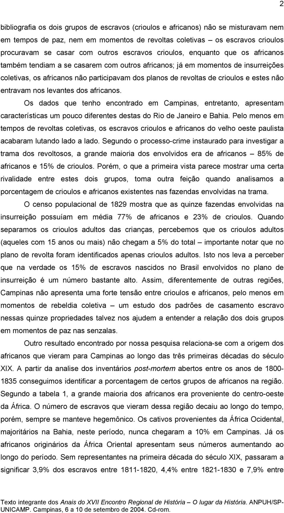 crioulos e estes não entravam nos levantes dos africanos. Os dados que tenho encontrado em Campinas, entretanto, apresentam características um pouco diferentes destas do Rio de Janeiro e Bahia.