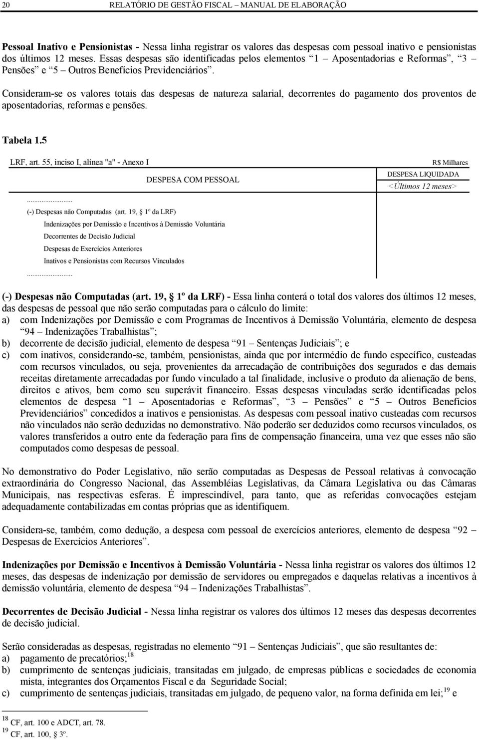 Consideram-se os valores totais das despesas de natureza salarial, decorrentes do pagamento dos proventos de aposentadorias, reformas e pensões. Tabela 1.5 LRF, art.