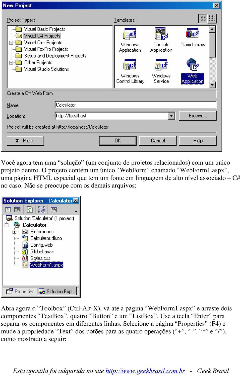 Não se preocupe com os demais arquivos: Abra agora o Toolbox (Ctrl-Alt-X), vá até a página WebForm1.