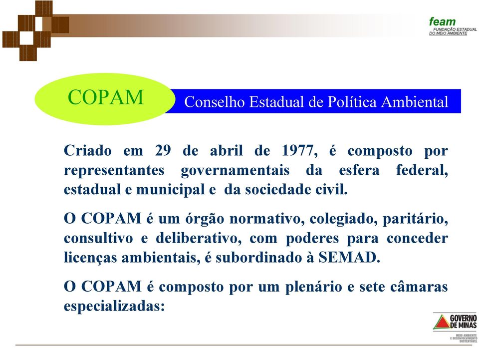 O COPAM é um órgão normativo, colegiado, paritário, consultivo e deliberativo, com poderes para