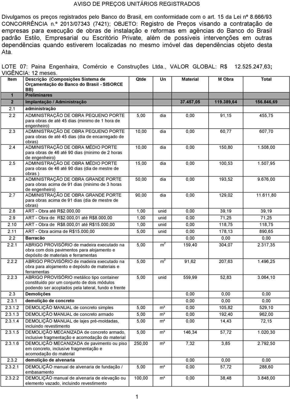 Escritório Private, além de possíveis intervenções em outras dependências quando estiverem localizadas no mesmo imóvel das dependências objeto desta Ata.