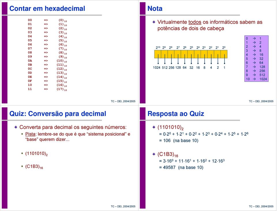 4 3 8 4 6 5 32 6 64 7 28 8 256 9 52 24 Quiz: Conversão para decimal Converta para decimal os seguintes números: Pista: lembre-se do que é que sistema