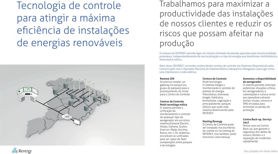 transforma: minihidráulica, fotovoltaica, eólica Além disso, REVERGY converteu muitos destes centros de controle em Sistemas Responsáveis pela Comunicação com o Operador Nacional do Sistema Elétrico