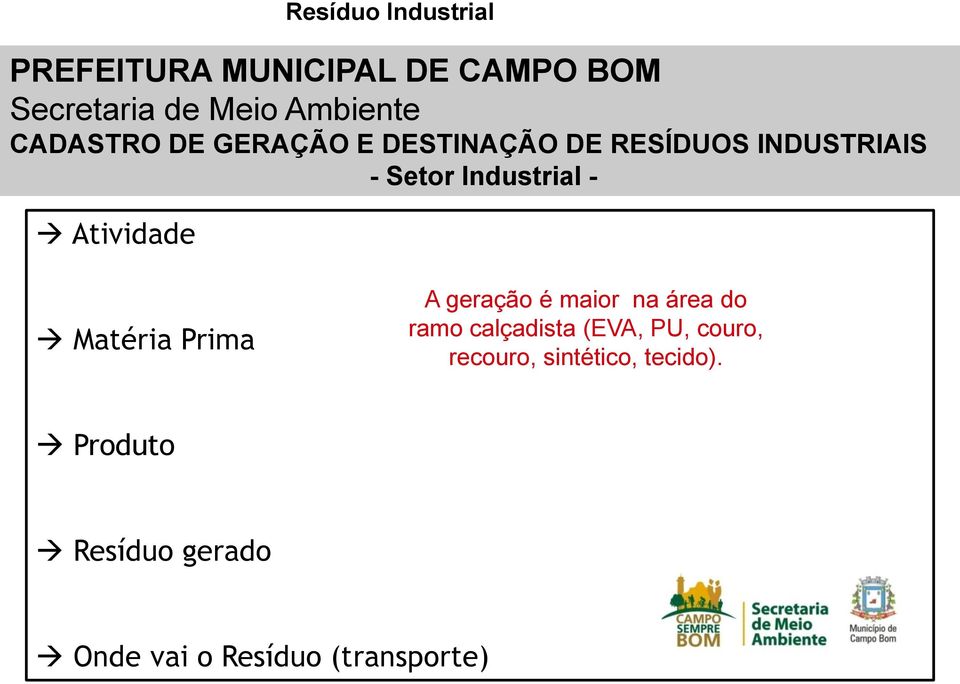 Industrial Matéria Prima A geração é maior na área do ramo calçadista (EVA, PU,