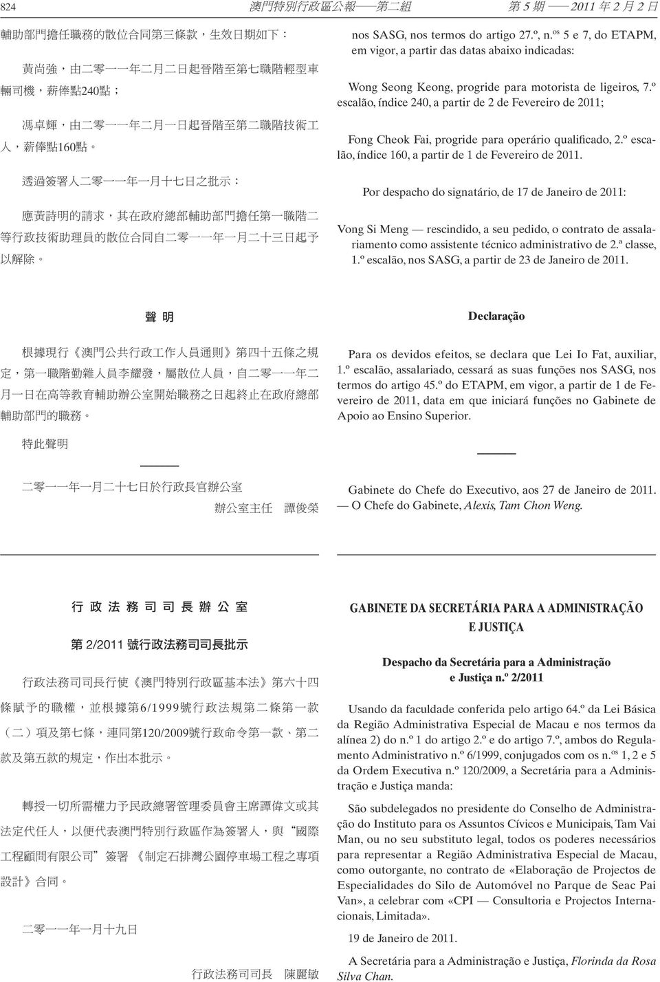 termos do artigo 27.º, n. os 5 e 7, do ETAPM, em vigor, a partir das datas abaixo indicadas: Wong Seong Keong, progride para motorista de ligeiros, 7.