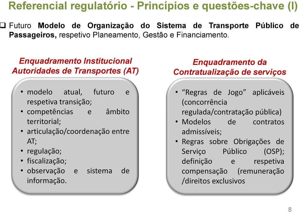 Enquadramento Institucional Autoridades de Transportes (AT) modelo atual, futuro e respetiva transição; competências e âmbito territorial; articulação/coordenação entre