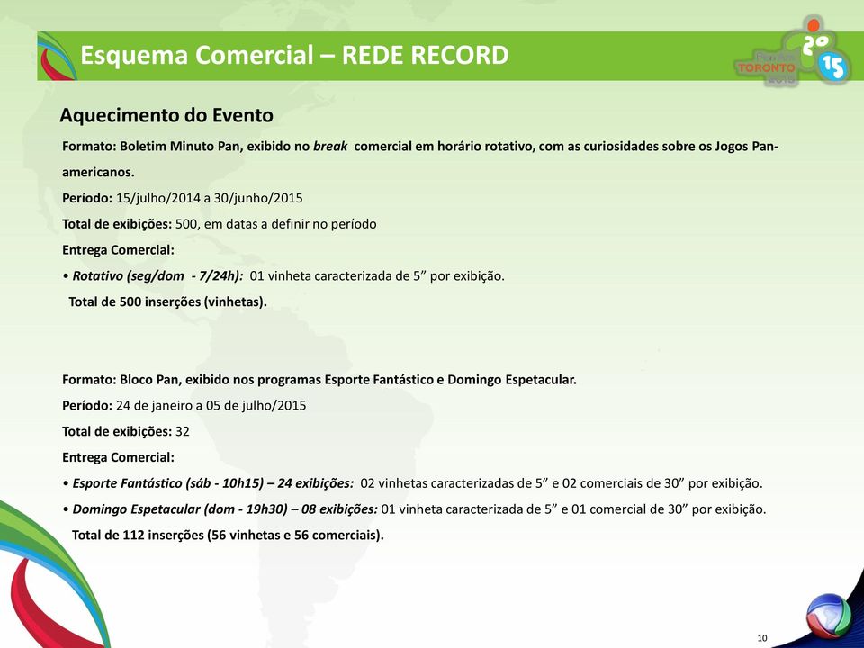 Total de 500 inserções (vinhetas). Formato: Bloco Pan, exibido nos programas Esporte Fantástico e Domingo Espetacular.