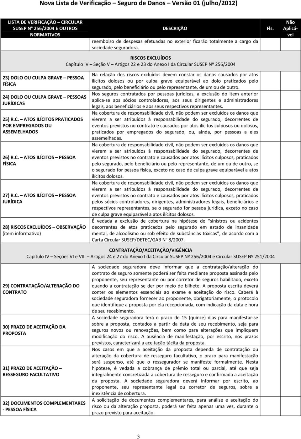 C. ATOS ILÍCITOS PESSOA FÍSICA 27) R.C. ATOS ILÍCITOS PESSOA JURÍDICA 28) RISCOS EXCLUÍDOS OBSERVAÇÃO (item informativo) Na relação dos riscos excluídos devem constar os danos causados por atos