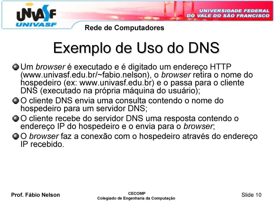 br) e o passa para o cliente DNS (executado na própria máquina do usuário); O cliente DNS envia uma consulta contendo o nome do