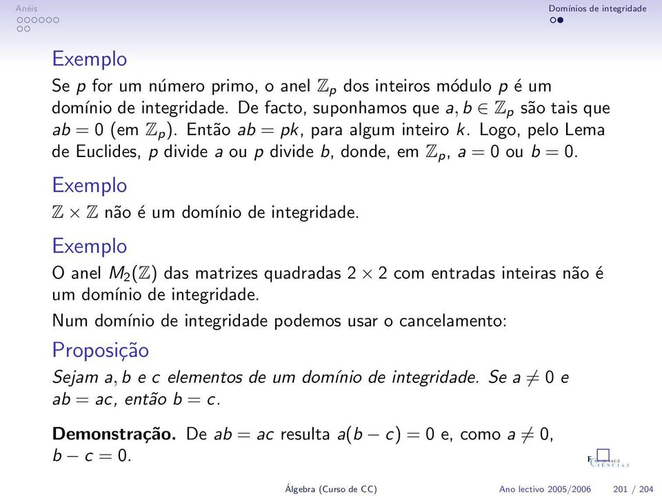 O anel M 2 (Z) das matrizes quadradas 2 2 com entradas inteiras não é um domínio de integridade.