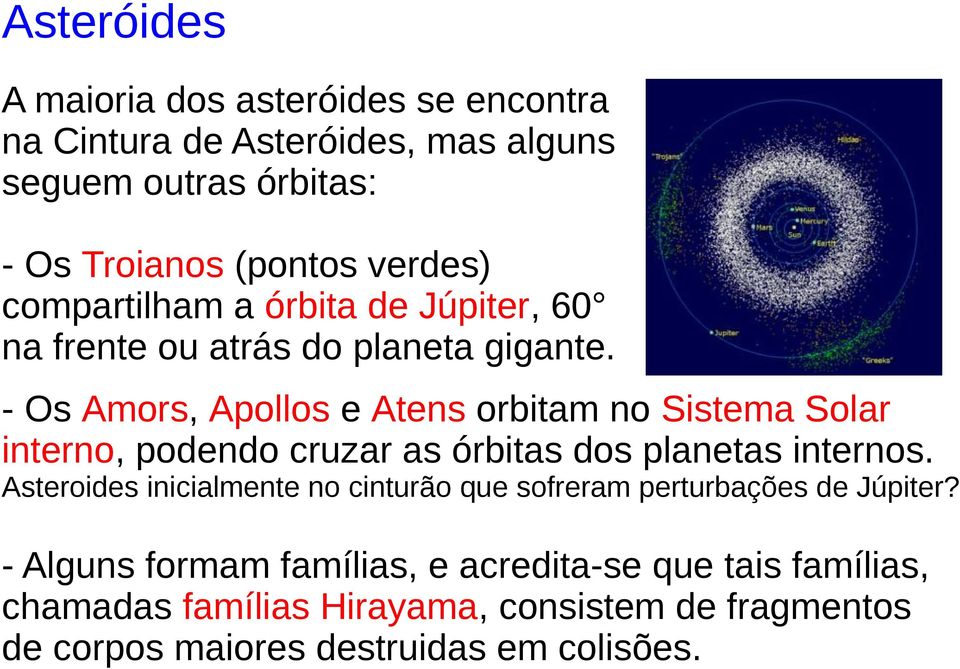 - Os Amors, Apollos e Atens orbitam no Sistema Solar interno, podendo cruzar as órbitas dos planetas internos.