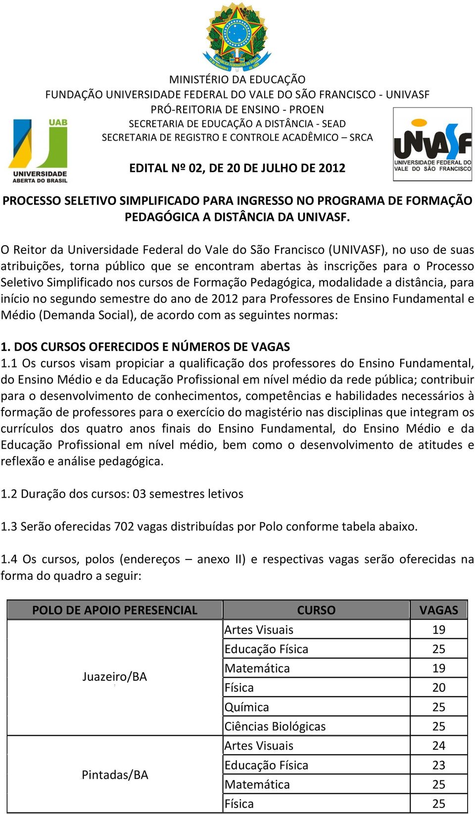 O Reitor da Universidade Federal do Vale do São Francisco (UNIVASF), no uso de suas atribuições, torna público que se encontram abertas às inscrições para o Processo Seletivo Simplificado nos cursos