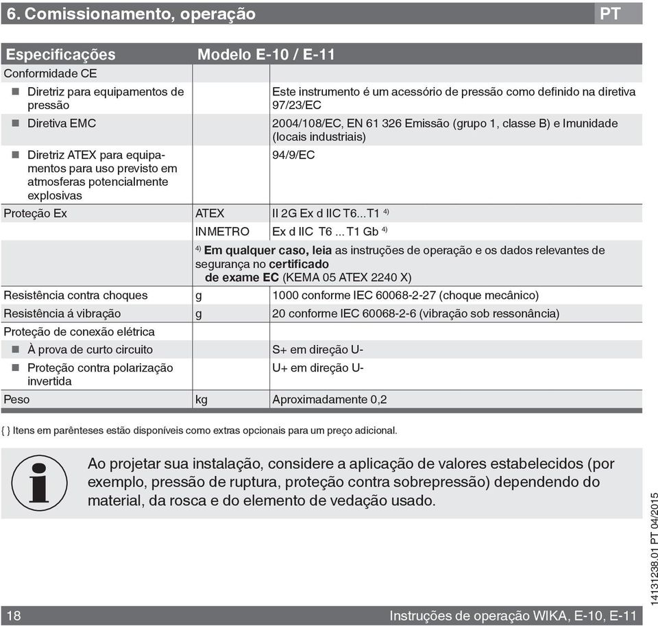 Proteção Ex ATEX II 2G Ex d IIC T6...T1 4) INMETRO Ex d IIC T6.