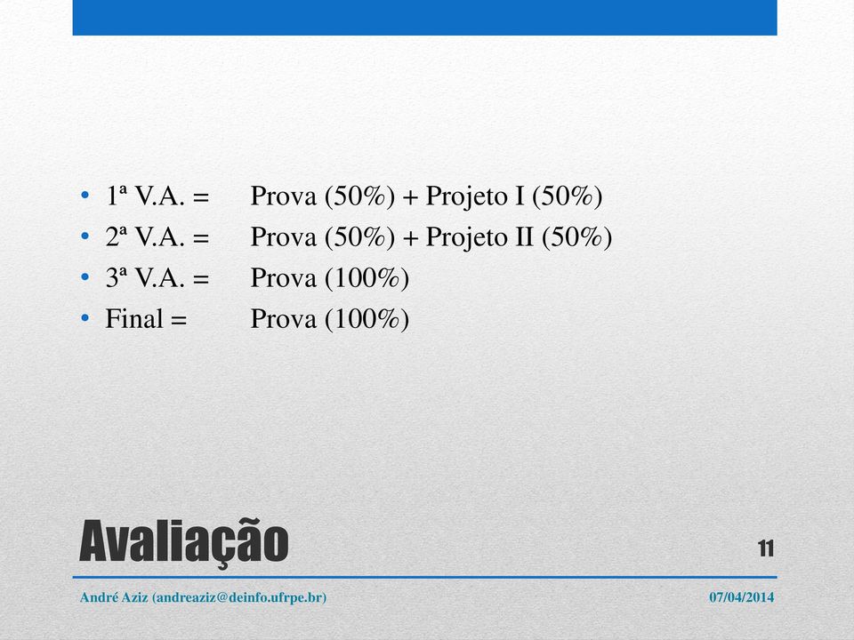 V.A. = Prova (50%) + Projeto II
