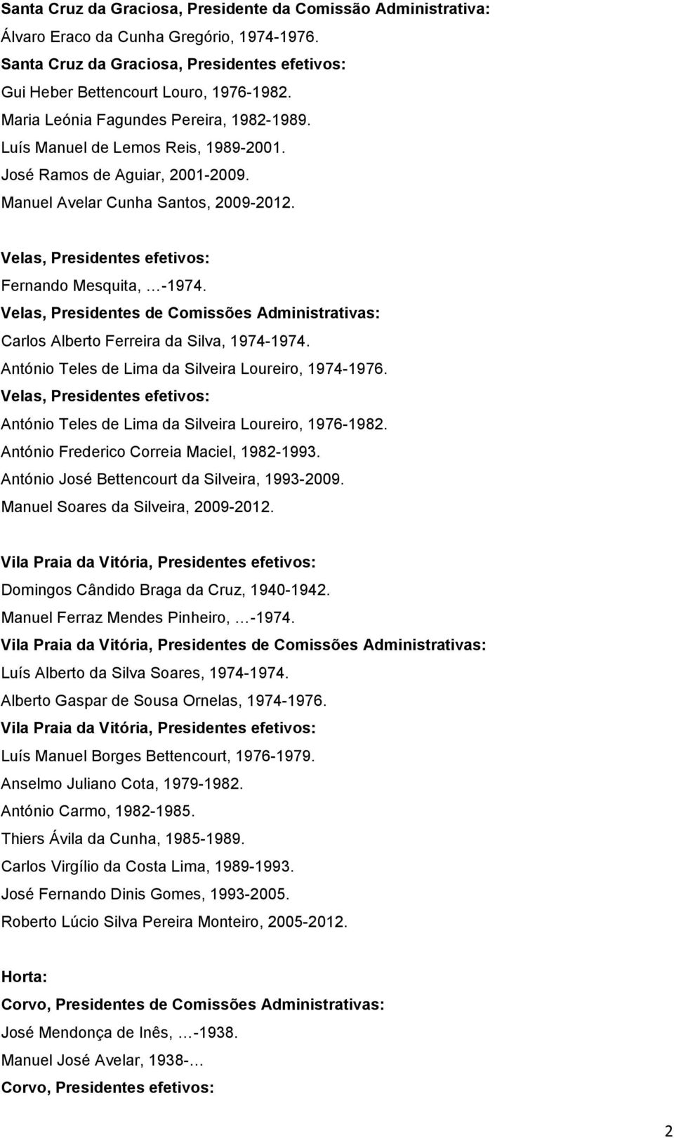 Velas, Presidentes efetivos: Fernando Mesquita, -1974. Velas, Presidentes de Comissões Administrativas: Carlos Alberto Ferreira da Silva, 1974-1974.