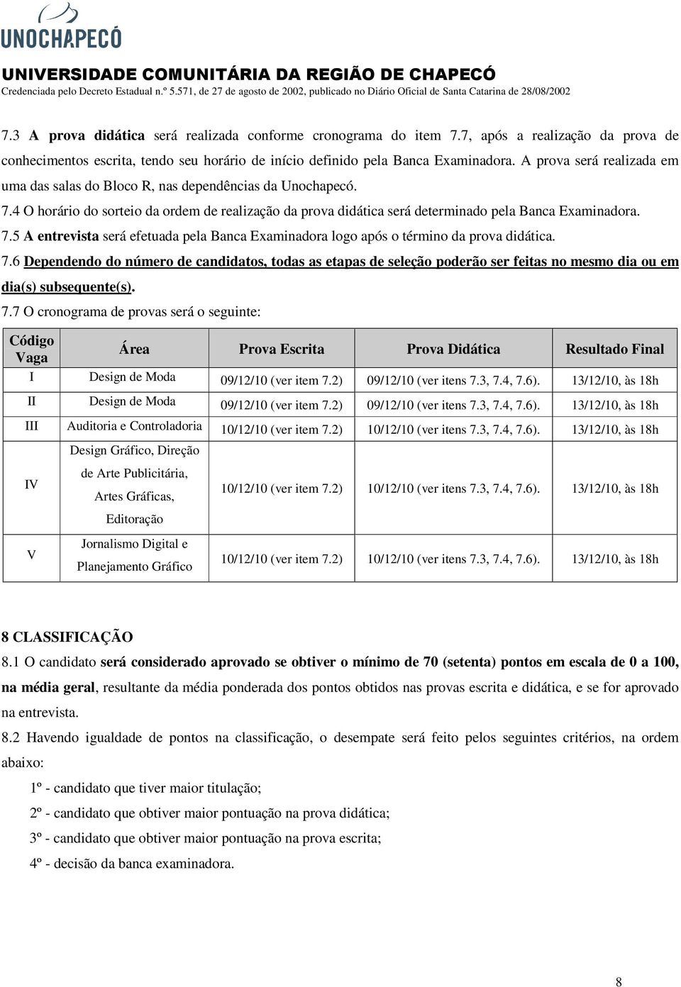 7.6 Dependendo do número de candidatos, todas as etapas de seleção poderão ser feitas no mesmo dia ou em dia(s) subsequente(s). 7.