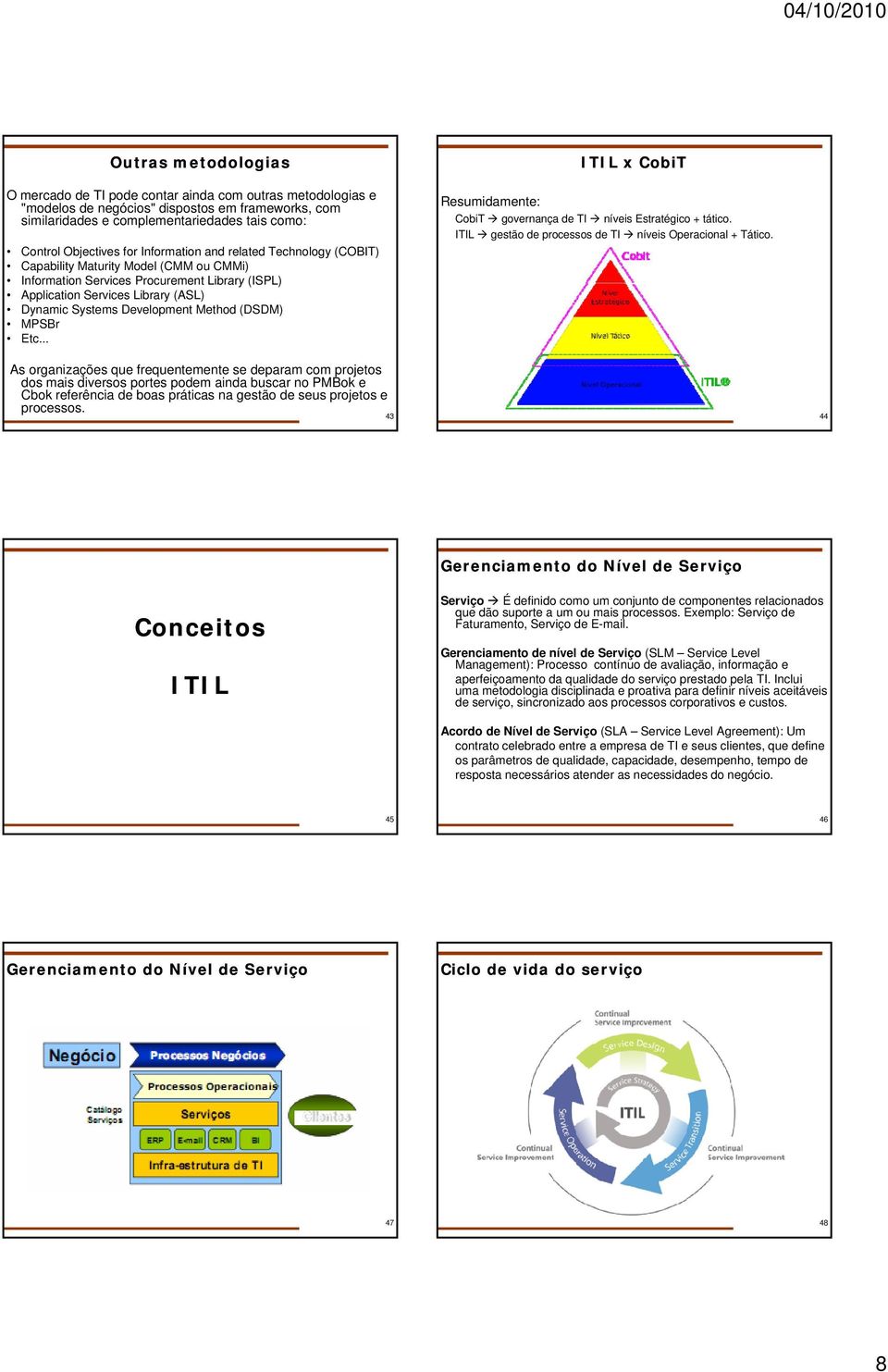 Method (DSDM) MPSBr Etc... ITIL x CobiT Resumidamente: CobiT governança de TI níveis Estratégico + tático. ITIL gestão de processos de TI níveis Operacional + Tático.