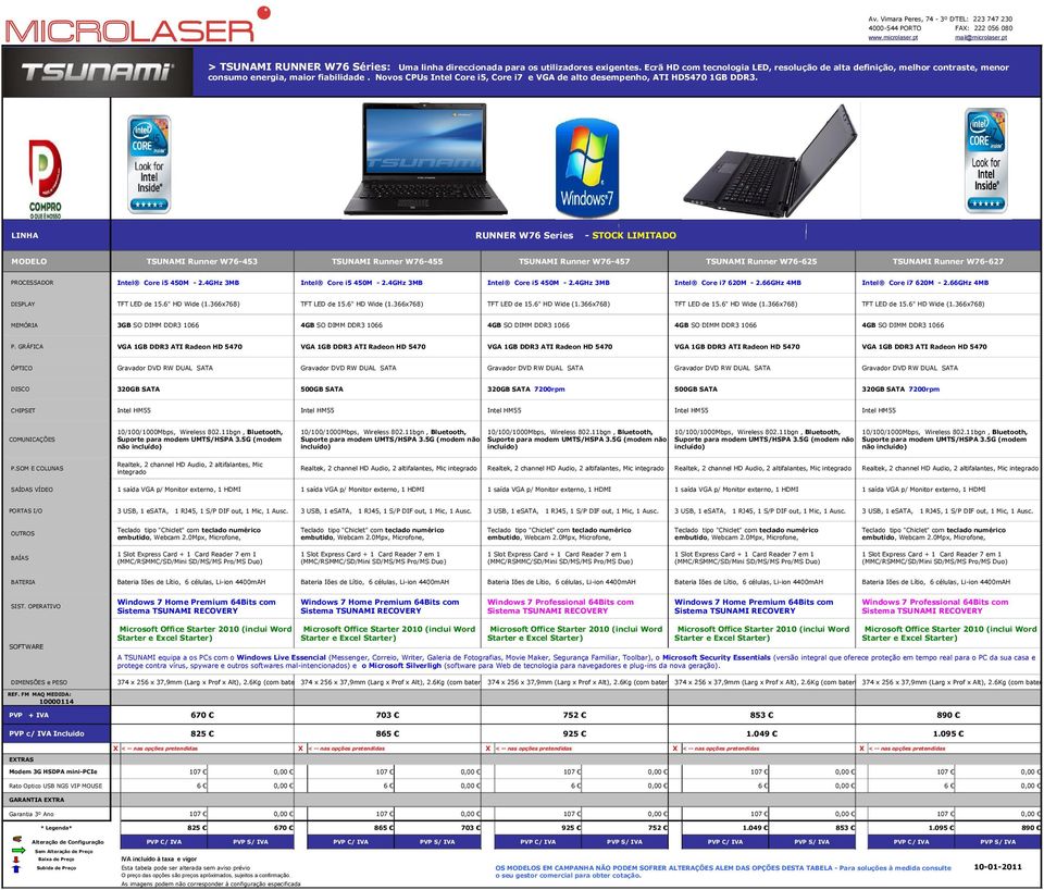 RUNNER W76 Series - STOCK LIMITADO TSUNAMI Runner W76-453 TSUNAMI Runner W76-455 TSUNAMI Runner W76-457 TSUNAMI Runner W76-625 TSUNAMI Runner W76-627 Intel Core i5 450M - 2.