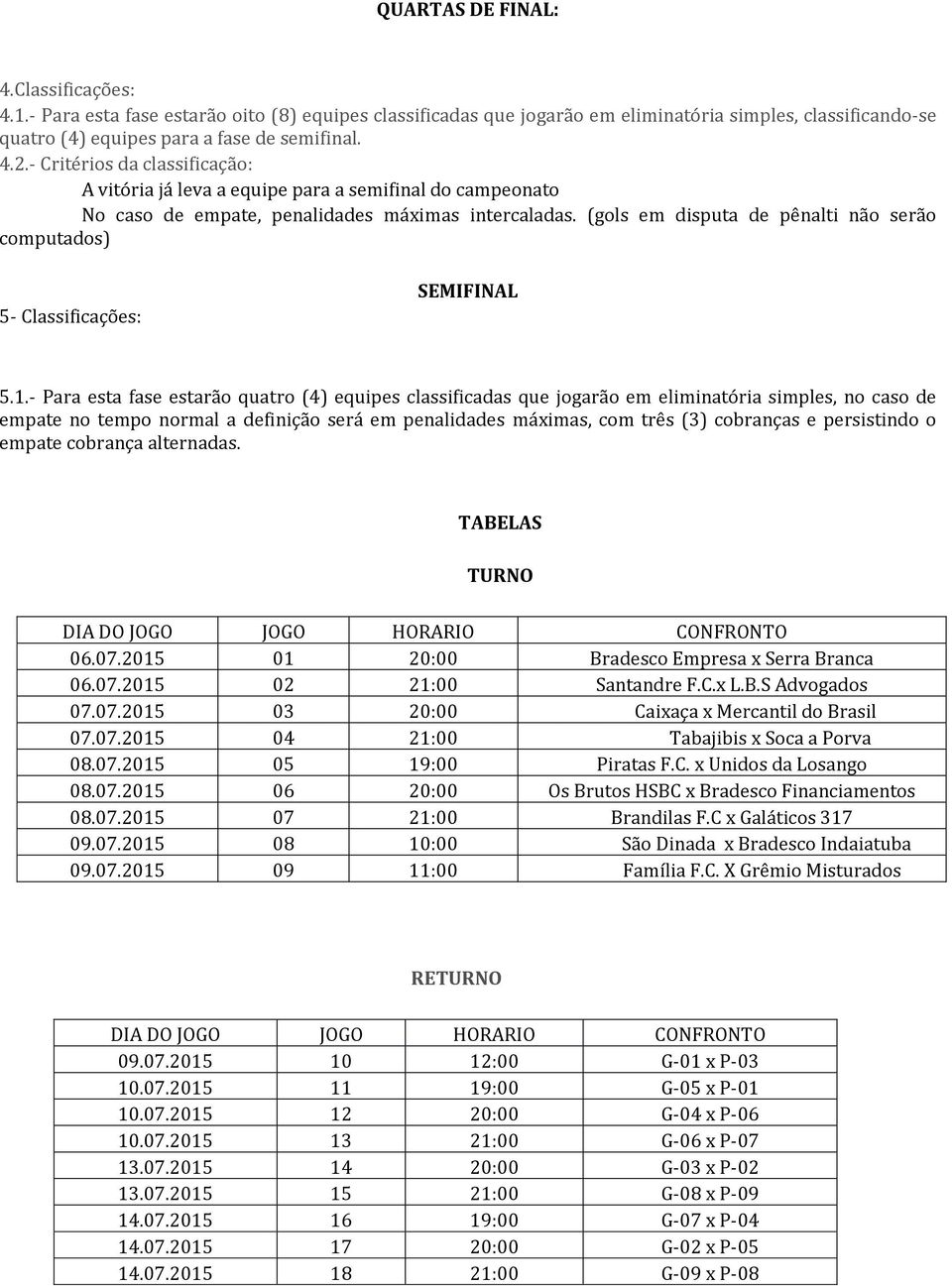 (gols em disputa de pênalti não serão computados) 5- Classificações: SEMIFINAL 5.1.