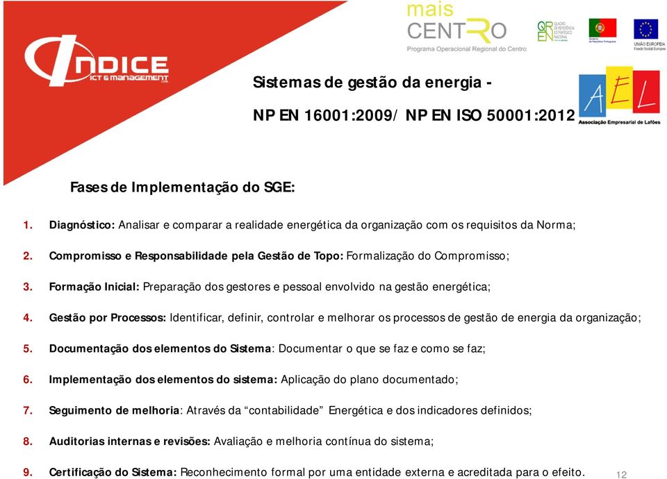 Gestão por Processos: Identificar, definir, controlar e melhorar os processos de gestão de energia da organização; 5. Documentação dos elementos do Sistema: Documentar o que se faz e como se faz; 6.