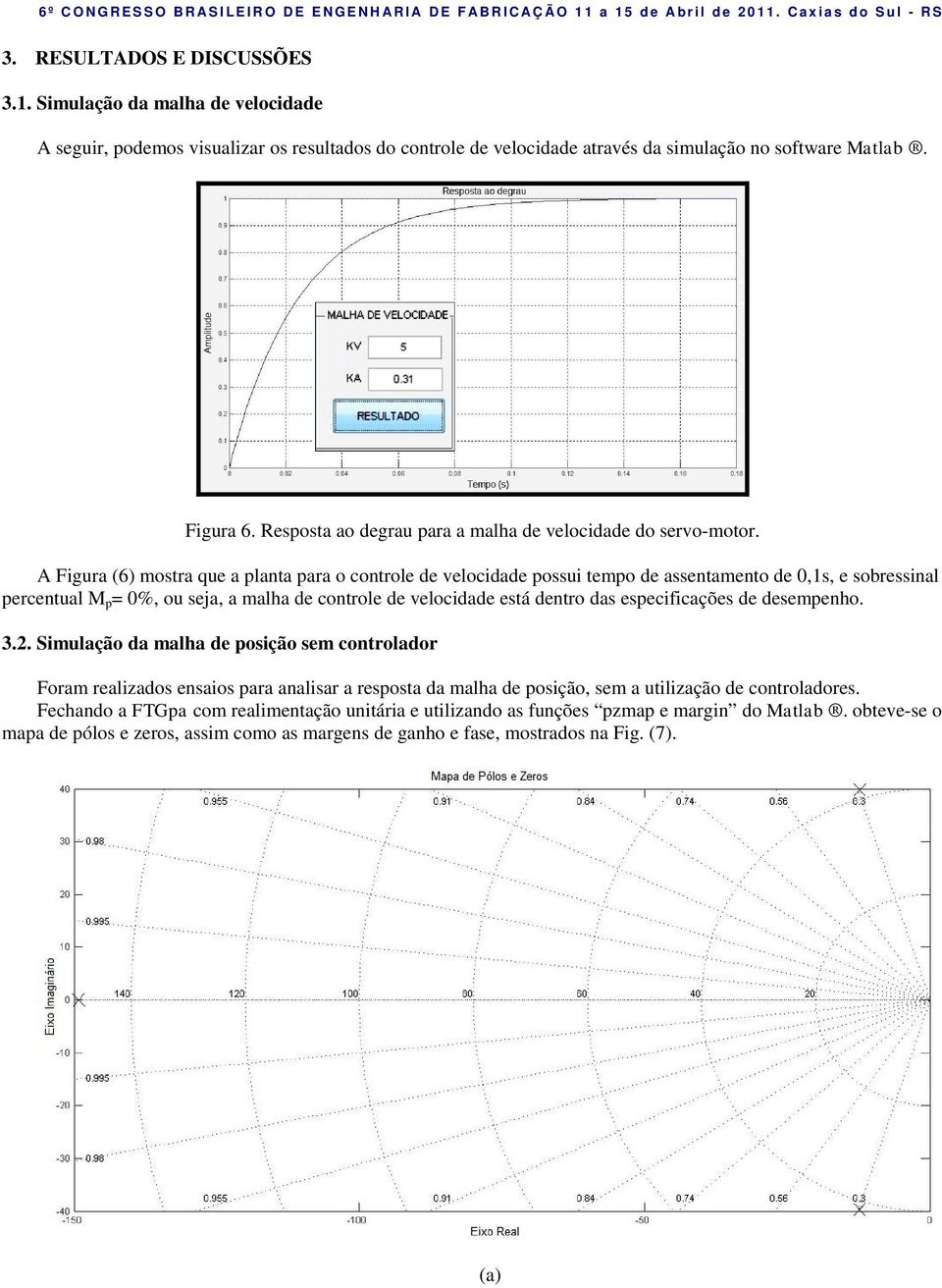 A Figura (6) mosra que a plana para o conrole de velocidade possui empo de assenameno de 0,1s, e sobressinal percenual M p = 0%, ou seja, a malha de conrole de velocidade esá denro das