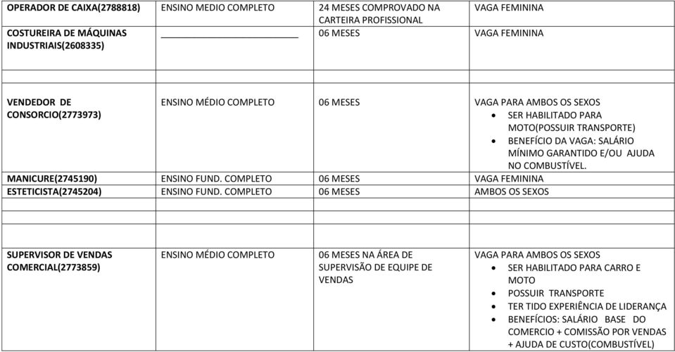 MANICURE(2745190) ENSINO FUND. 06 MESES VAGA FEMININA ESTETICISTA(2745204) ENSINO FUND.