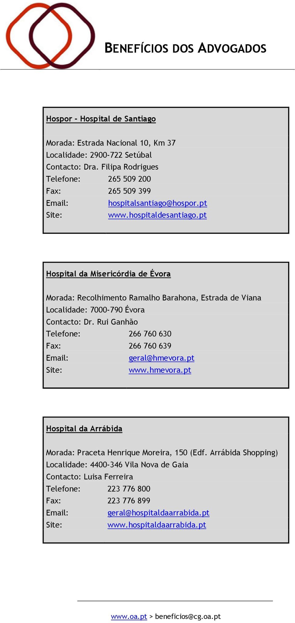 pt Hospital da Misericórdia de Évora Morada: Recolhimento Ramalho Barahona, Estrada de Viana Localidade: 7000-790 Évora Contacto: Dr.