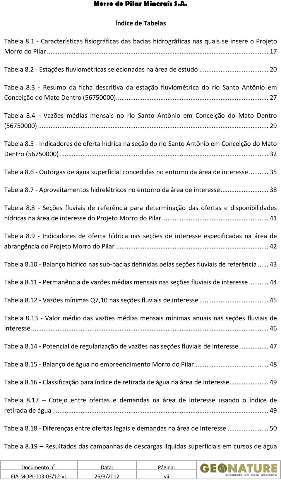 .. 27 Tabela 8.4 - Vazões médias mensais no rio Santo Antônio em Conceição do Mato Dentro (56750000)... 29 Tabela 8.