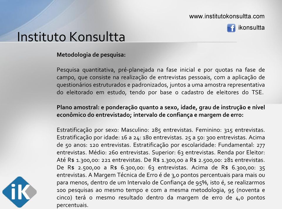 aplicação de questionários estruturados e padronizados, juntos a uma amostra representativa do eleitorado em estudo, tendo por base o cadastro de eleitores do TSE.