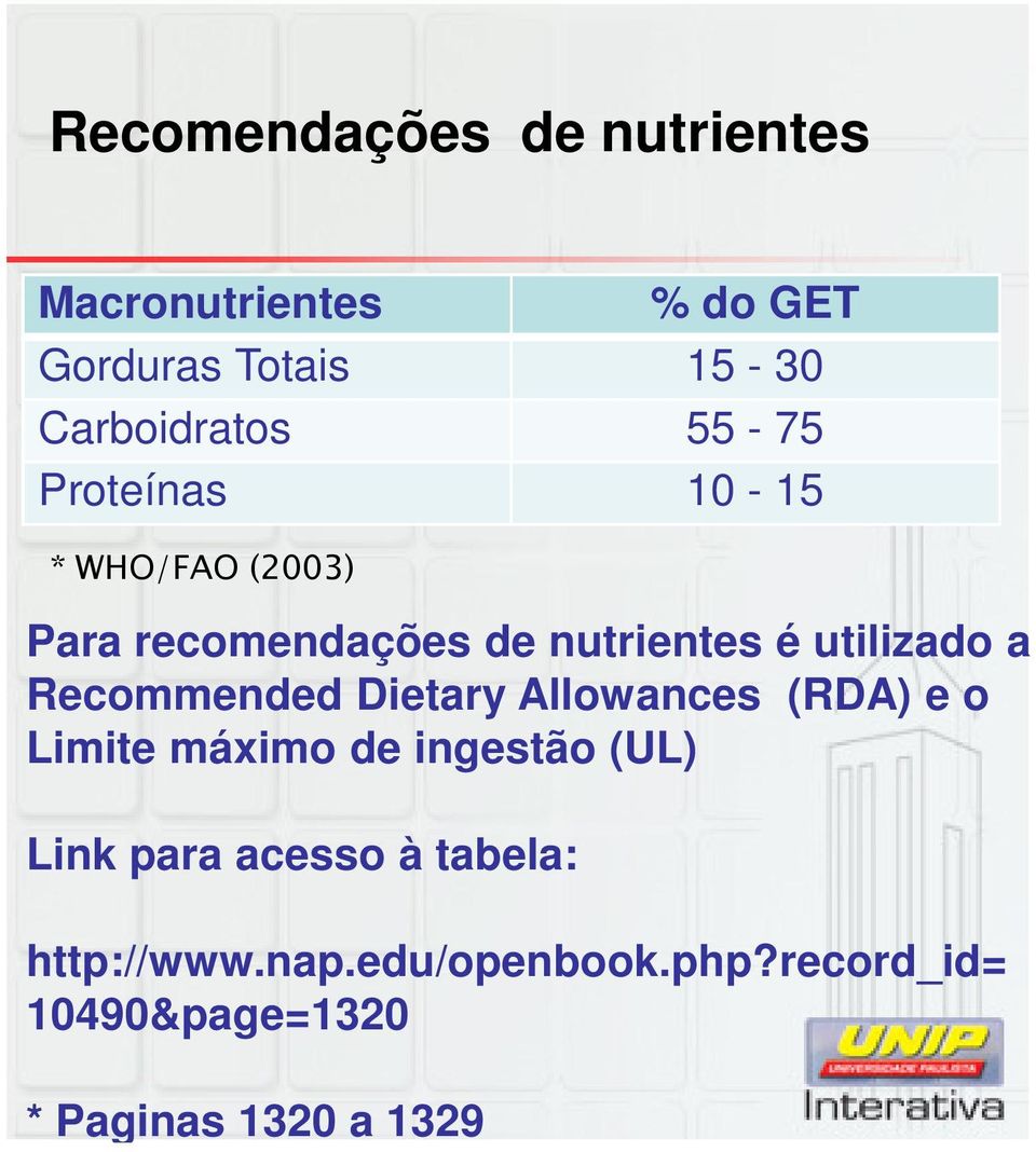 Recommended Dietary Allowances (RDA) e o Limite máximo de ingestão (UL) Link para acesso