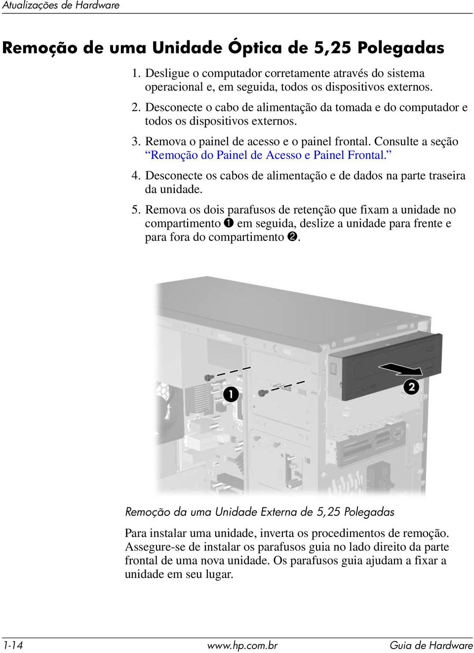 Consulte a seção Remoção do Painel de Acesso e Painel Frontal. 4. Desconecte os cabos de alimentação e de dados na parte traseira da unidade. 5.