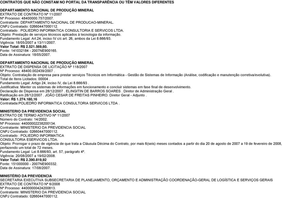 666/93. Vigência: 18/05/2007 a 13/11/2007. Valor Total: R$ 2.521.569,60. Fonte: 141032184-2007NE900165. Data de Assinatura: 18/05/2007.